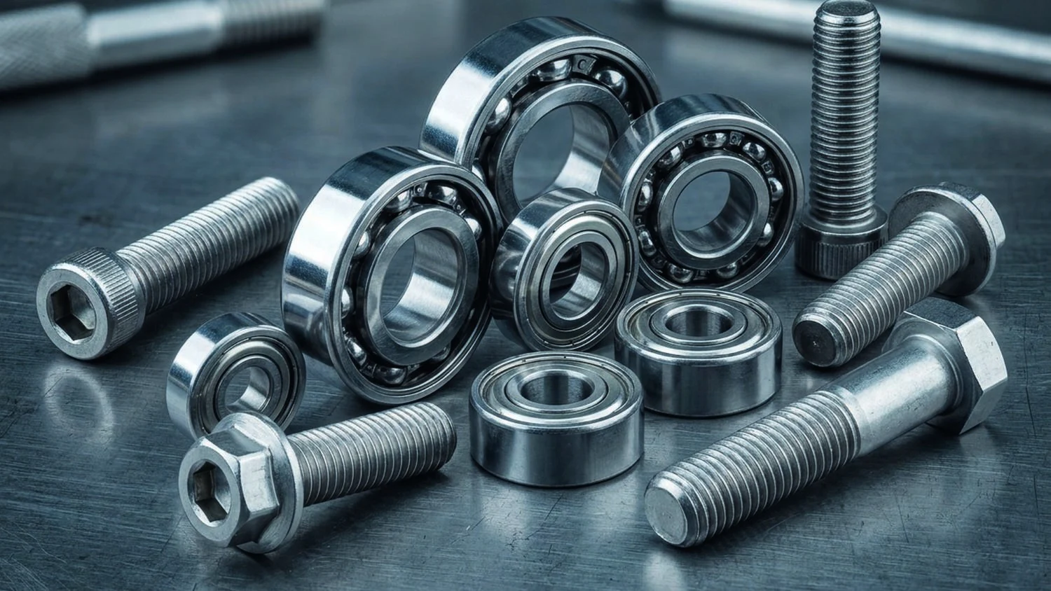 Steel bearings and precision fasteners, photographed in the company profile