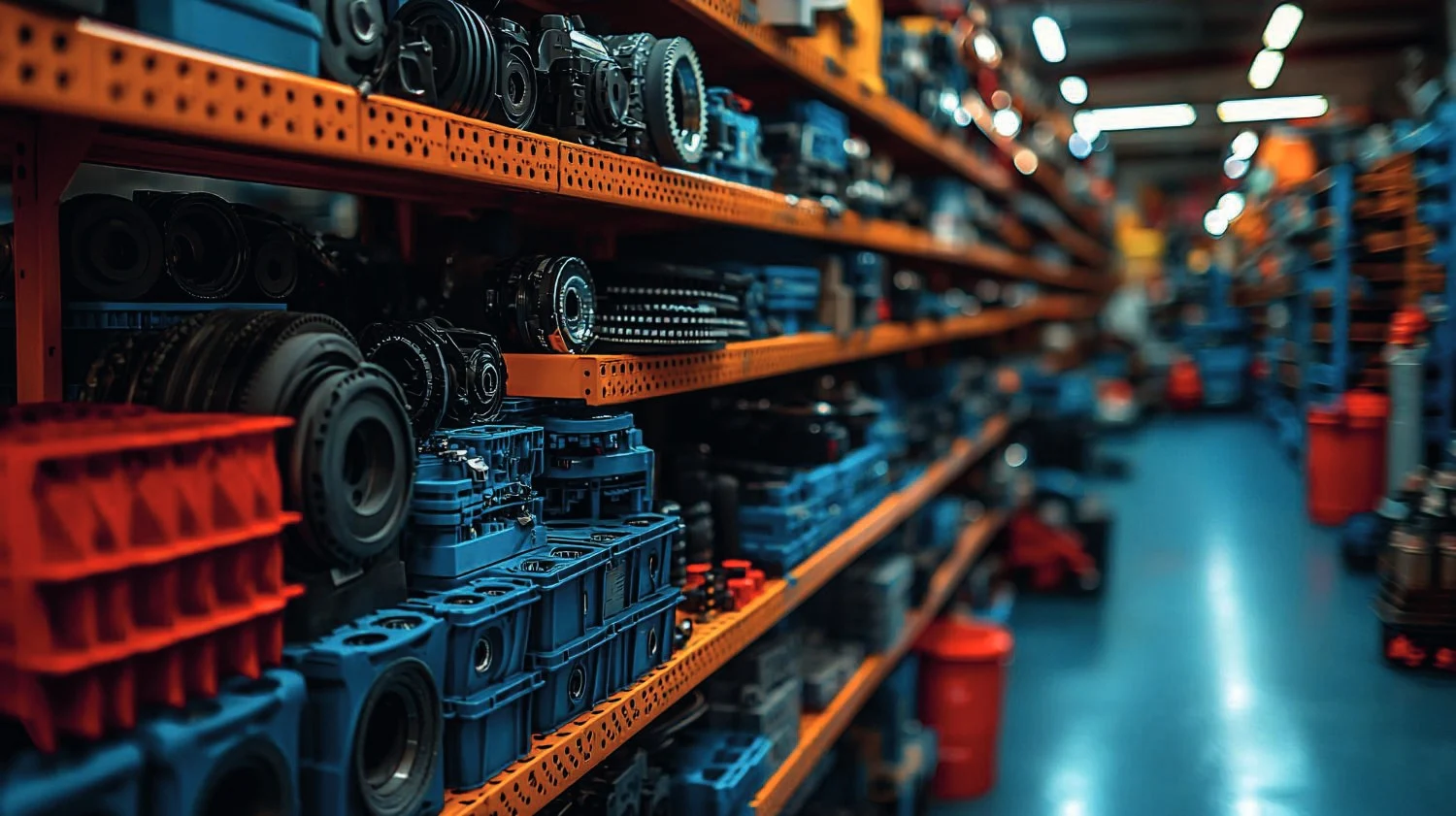 Rows of industrial components and machinery supplies, from the company profile